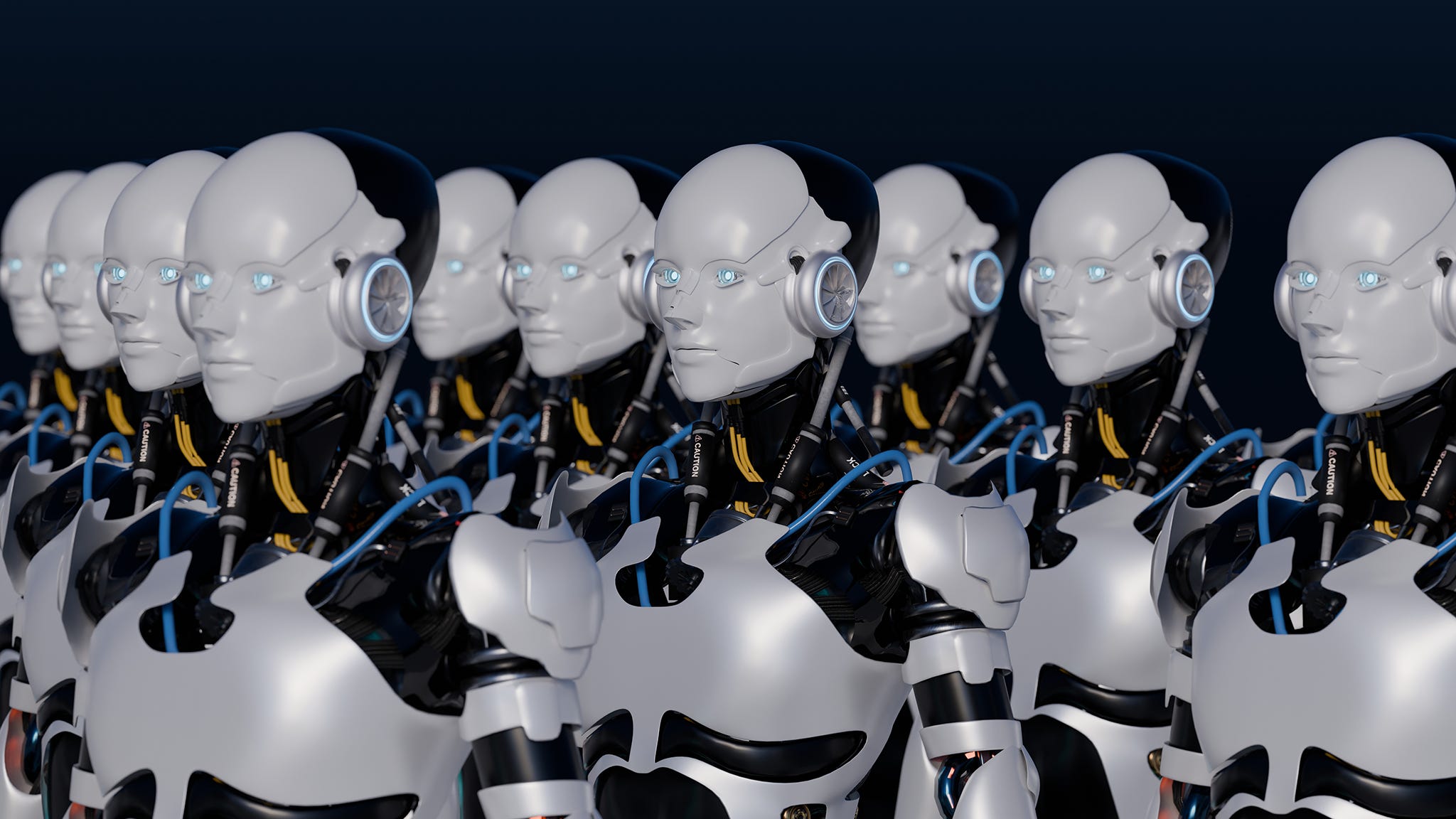 Darstellung einer Gruppe humanoider KI-Roboter in Reihen und Linien