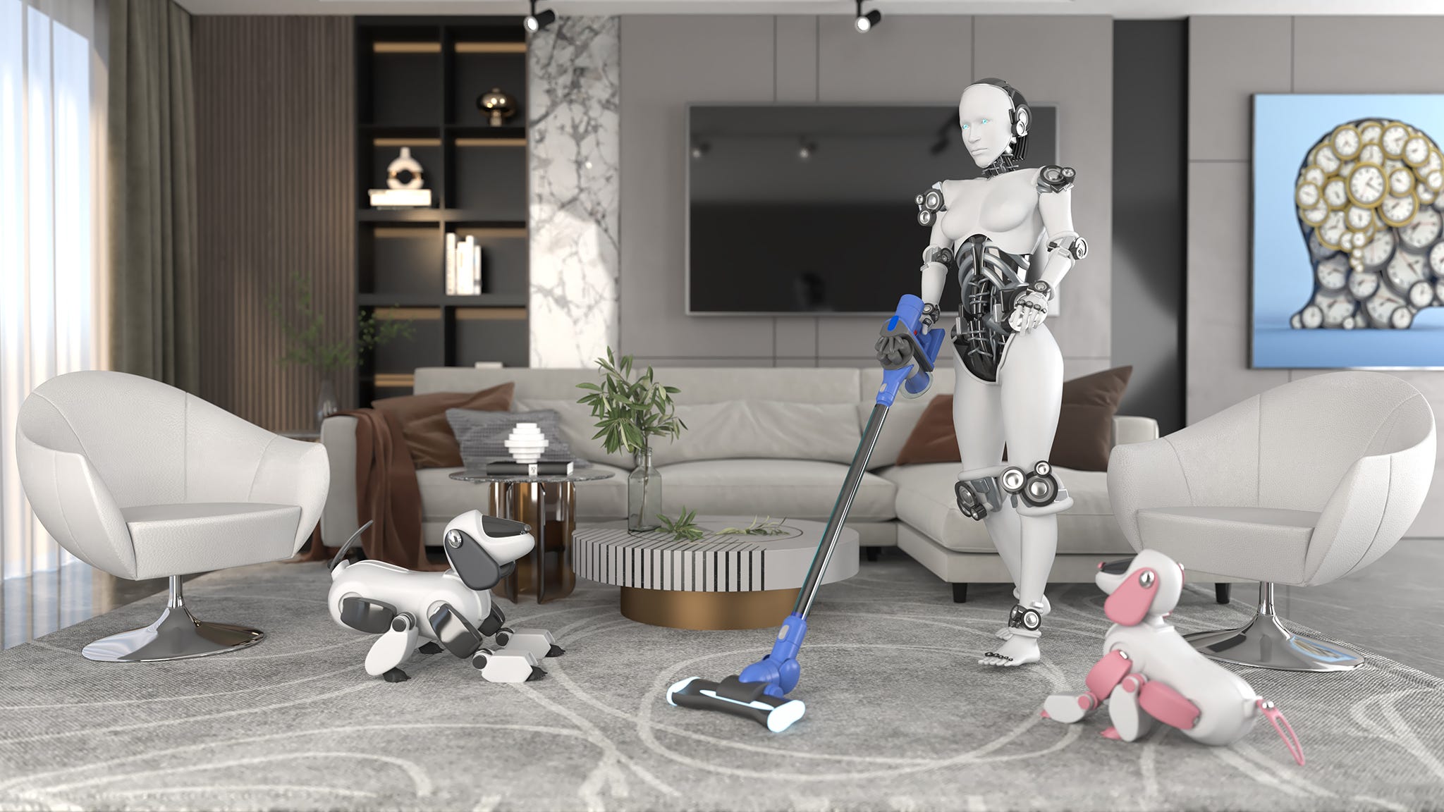 Weiblicher humanoider Roboter, der im Wohnzimmer arbeitet und das Haus mit einem Staubsauger reinigt. Konzeptionelle 3D-CGI-Hightech-Roboter bei der Hausarbeit